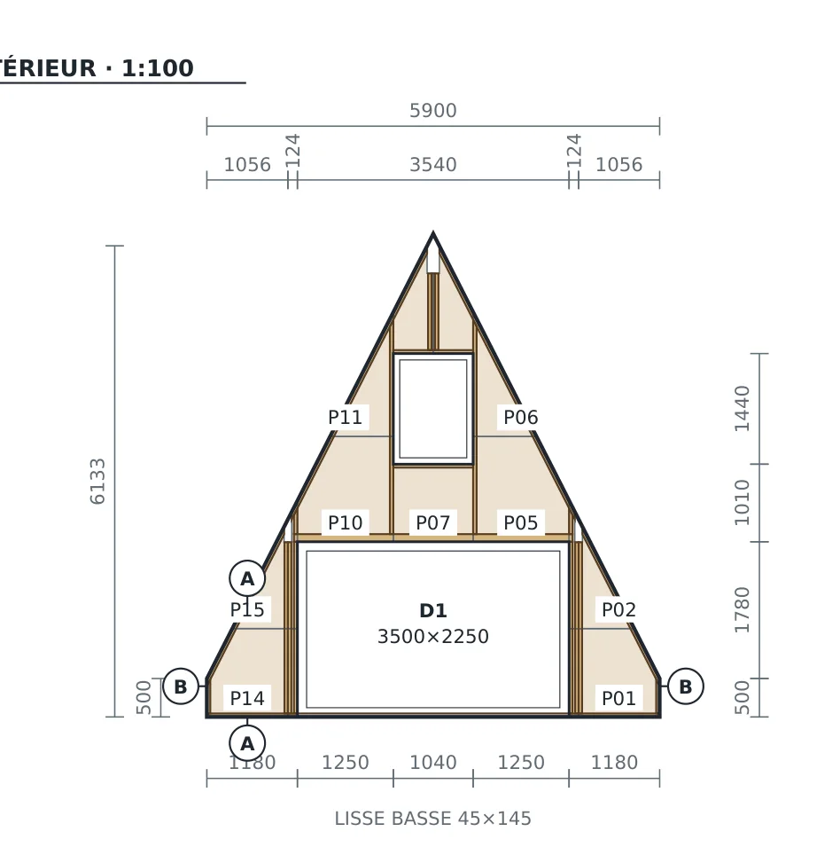 Planche du mur W01 avec les codes de panneaux P01–P15
