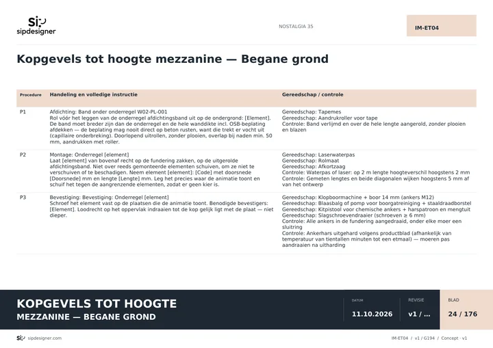 Montageprocedures voor de topgevelwanden in de handleiding NOSTALGIA 35
