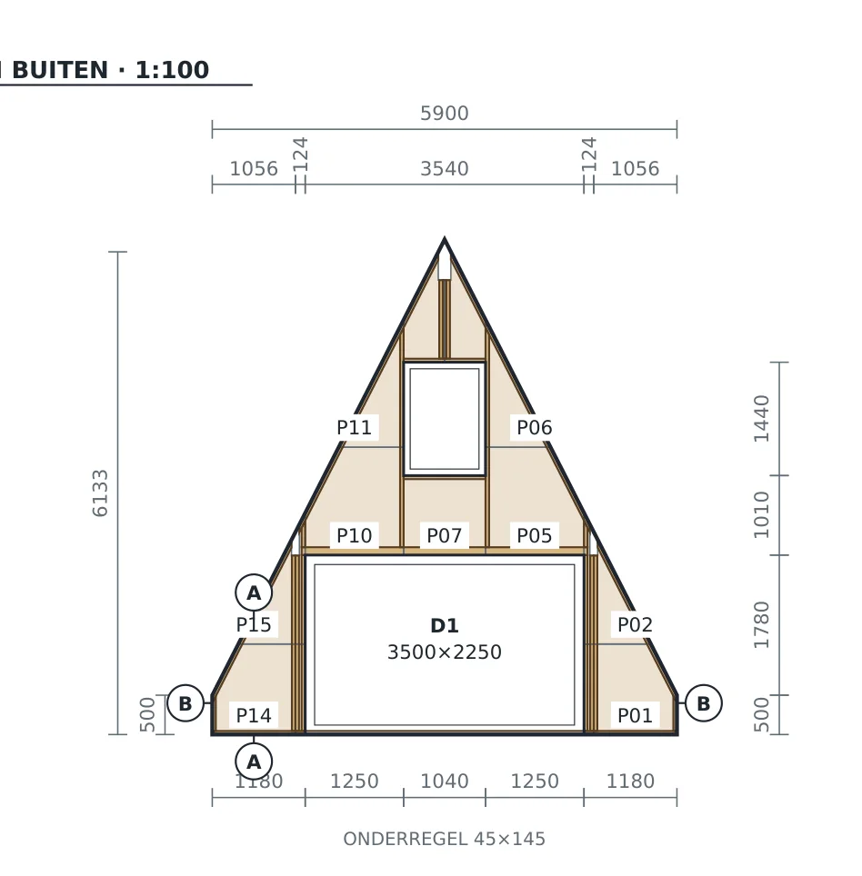 Wandblad W01 met paneelcodes P01–P15